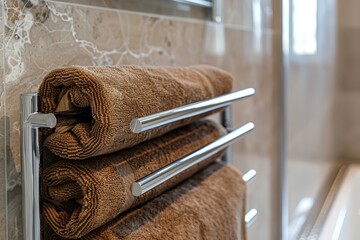 Heated towel rail with towels in bathroom.