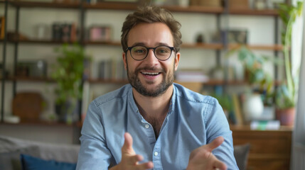 Obraz premium Happy person talking on a video call, looking at the camera. Young man or woman at a computer in the office. Freelancing concept.