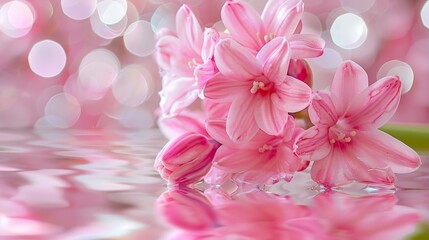 Obraz premium A cluster of pink blooms hovering above a mirror-like expanse of water against a backdrop of pink and white