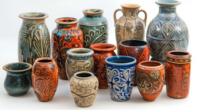 A collection of finished sgraffito pottery pieces showcasing a variety of decorative designs and colors..