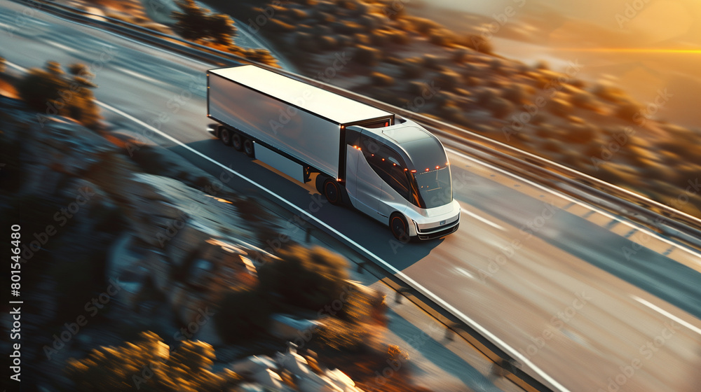 Poster a panoramic view of an autonomous truck navigating a steep incline on a test track, demonstrating it