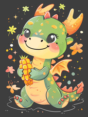 a green dragon with a flower in its hand