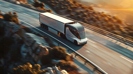 A panoramic view of an autonomous truck navigating a steep incline on a test track, demonstrating its power and stability, Transport, Electric and autonomous vehicles, natural ligh
