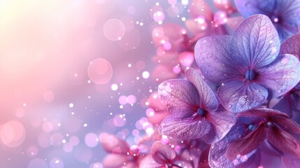   A tight shot of multiple purple blooms against a backdrop of blue and pink Background features a soft, blurred light