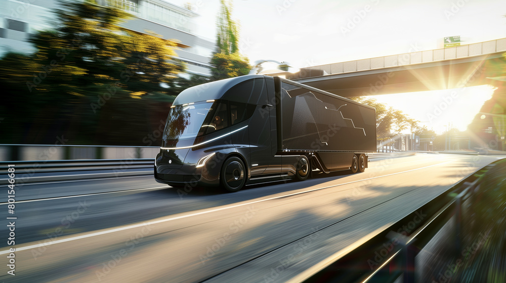 Poster an image capturing the truck as it maneuvers a sharp turn, illustrating the precision and control of
