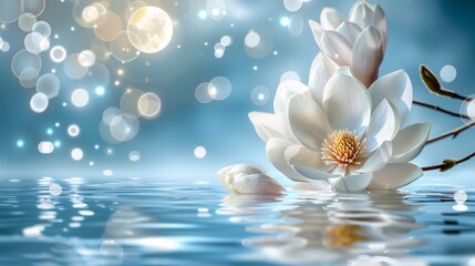   A white bloom drifts atop the water surface, near a branch budding with a new flower