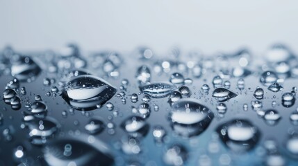 Close-up of water droplets on a smooth surface. Macro photography with a focus on clarity and purity. Concept of purity and freshness