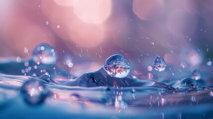 Magical water droplets on a vibrant surface with light reflections. Macro photography with copy space. Fantasy and abstract concept
