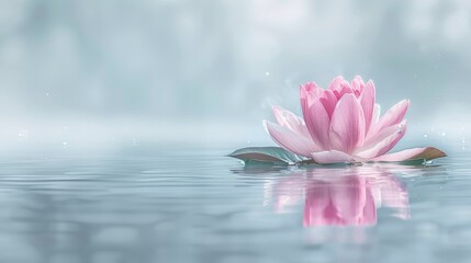   A pink flower floats atop the water surface, its center graced by a submerged leaf