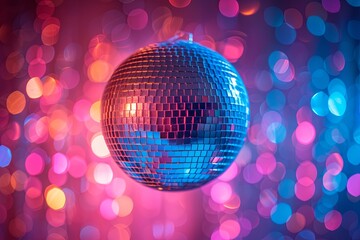 Obraz premium Disco ball in a colorful background surrounded by a blurry, colorful background that gives the impression of a party or celebration