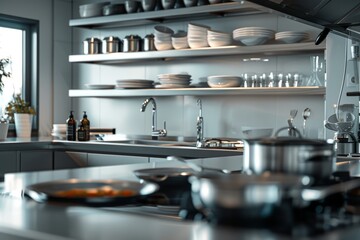 Modern restaurant kitchen interior with washbasin and stove