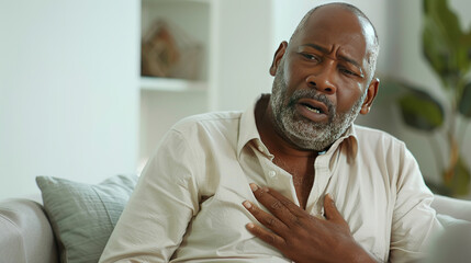 Elderly African American man 65 years old sitting at home alone and holding his hand on his chest from heart pain or stress, man suffering from heart or chest pain