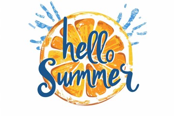 The words "hello summer" written in the style of cursive, a lemon slice on a white background Generative AI