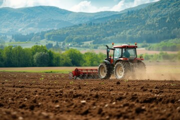 Fototapeta premium Tractor machine with plow in action, turning the soil.
