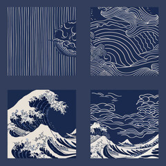 four different designs of waves in blue and white