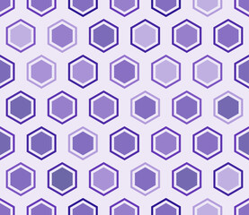 Vector background. Hexagon bold mosaic cell with padding and inner solid cells. Purple color tones. Large hexagon shapes. Tileable pattern. Seamless vector illustration.