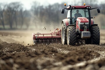 Tractor machine with plow in action, turning the soil.
