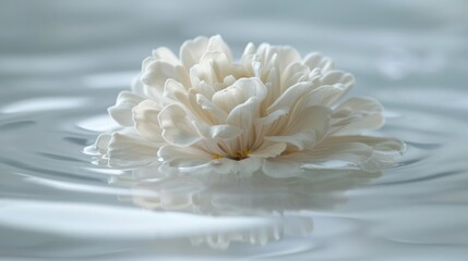   A pristine white bloom resting atop still waters, its surface punctuated by a solitary droplet - obrazy, fototapety, plakaty