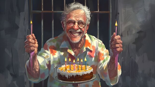 happy old man in prison celebrating his birthday