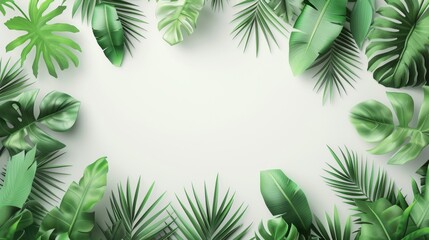 A lively frame consisting of various tropical green leaves outlining a clean white background, ideal for vibrant designs and nature themes.