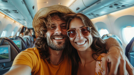Happy couple takes a selfie on the plane. A cheerful man and woman are flying on a trip in the...