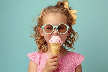 Delightful Young Girl in Casual Attire and Trendy Sunglasses Relishing a Chilled Ice Cream Cone Against a Vividly Colored Backdrop
