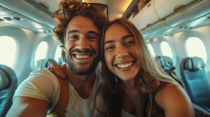 Happy couple takes a selfie on the plane. A cheerful man and woman are flying on a trip in the...