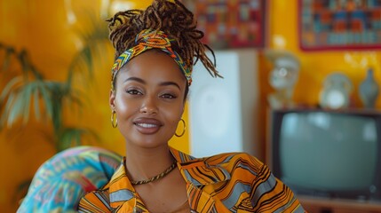 A vibrant portrait of a 25-year-old African-American woman with a bright smile, dressed in a colorful outfit and headwrap in a lively home environment.