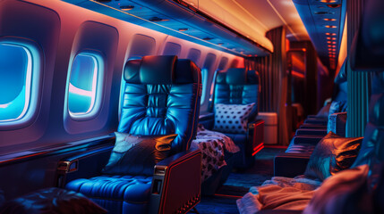 Modern design of seats on board an airplane. Business class on an airplane with passenger windows, pillows. Private board. Transportation concept.