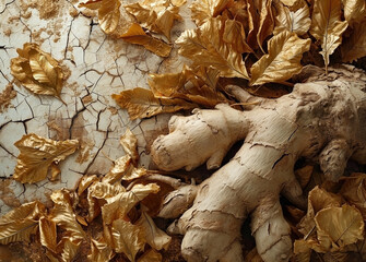 ginger root with dried golden leaves on the ground