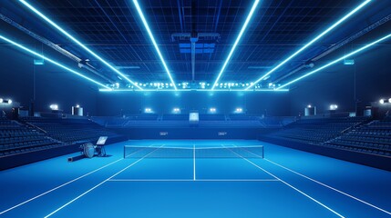 Professional blue tennis court with seating and arena lighting. Sports venue and competition concept.