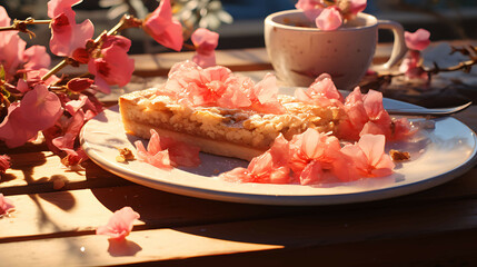 A quince slice placed on a colorful plate, with a few quince seeds nearby, and a sprinkle of sugar on top, on a sunny outdoor table.