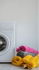 Assorted laundry detergents and folded towels on washing machines in a clean, organized laundry room. Interior design concept with copy space