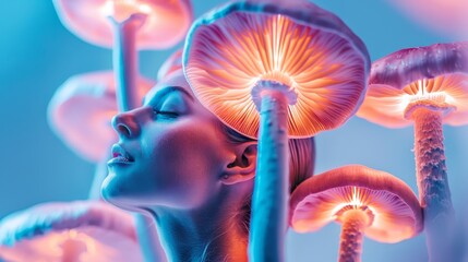   A woman, with closed eyes, stands before a radiantly lit group of mushrooms