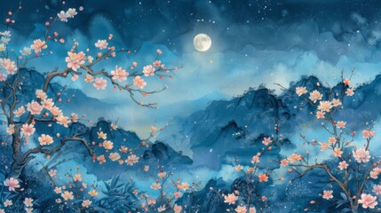 A beautiful landscape of a full moon rising over a mountain range. The sky is dark blue and the mountains are covered in snow. The foreground is a field of cherry blossoms.