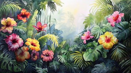 A lush tropical rainforest with bright hibiscus flowers in the foreground.