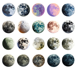 Collection of various colored moons in a grid layout

