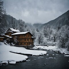 Snow is falling on the high mountains, there is a one house, and a river is flowing.