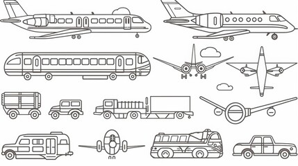 Line art illustrations of different modes of transportation, such as planes, trains, and automobiles.