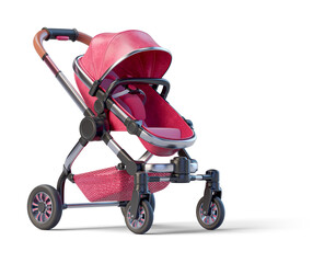 Red leather jogging baby stroller on transparent background. 3D render front left view