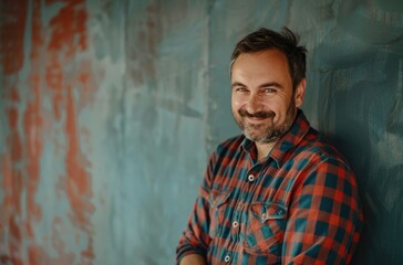 Cheerful Man in Plaid Shirt Smiling Against Textured Blue Wall