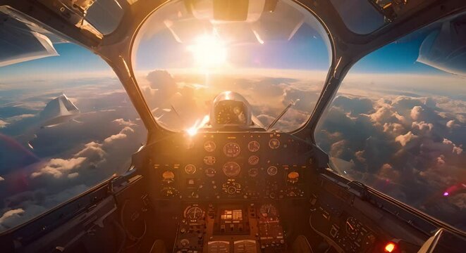 Inside a fighter jet cockpit during intense aerial combat in war. Concept Military aircraft, Aerial combat, Fighter jet cockpit, Intense action, War scene
