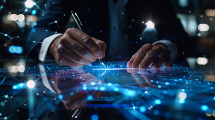 Close-up of a business man's hands creating an electronic signature on a digital technology tablet in a modern office. Businessman uses new technologies to protect his data. Technology concept.