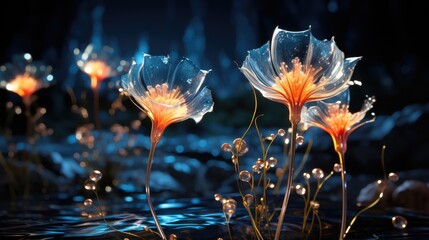 Surreal night jungle with luminescent plants and flowers. Wonderful fantasy magical bioluminescent flowers. 3D rendering. Flowers glow in the dark 3d wallpaper. Floral background.