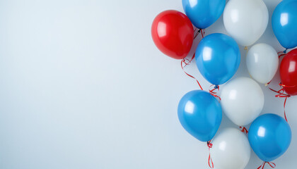 patriotic balloons in red, white, and blue floating on light background with space for text