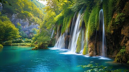 A stunning waterfall in a lush green forest. The water is crystal clear and the sun is shining through the trees.


