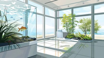 Fototapeta premium Bright corporate hallway with decorative fish tank - inviting and stylish ambiance.