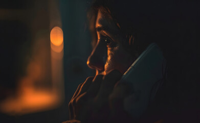 Woman Talking on Cell Phone in Dark. Generative AI