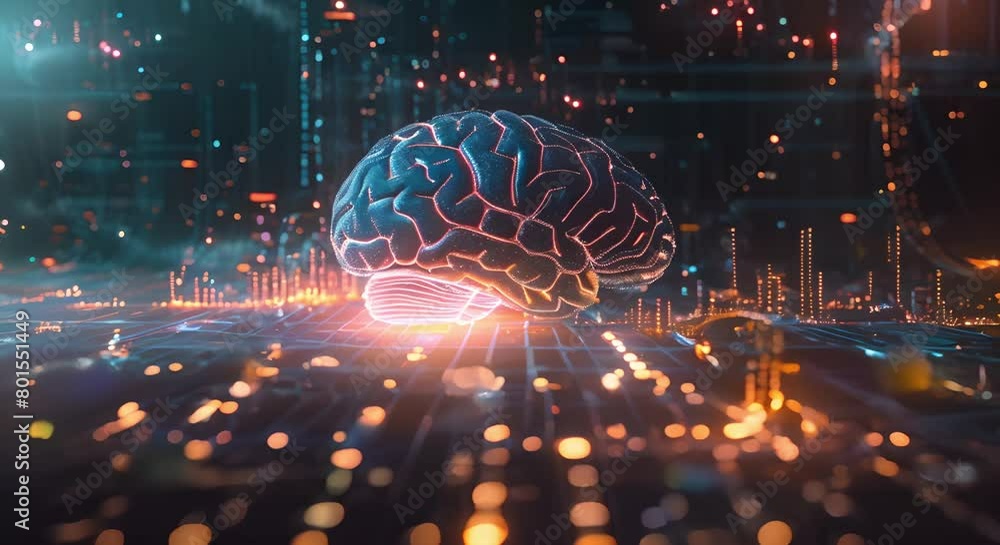 Poster digital brain overlaying financial charts symbolizing dynamic business strategies in abstract form. 