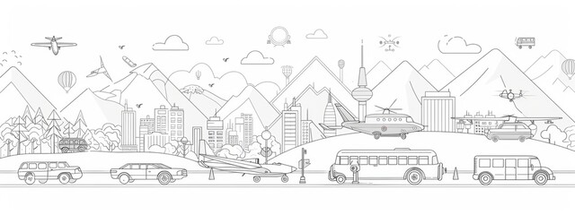 Obraz premium Line art illustrations of different modes of transportation, such as planes, trains, and automobiles.